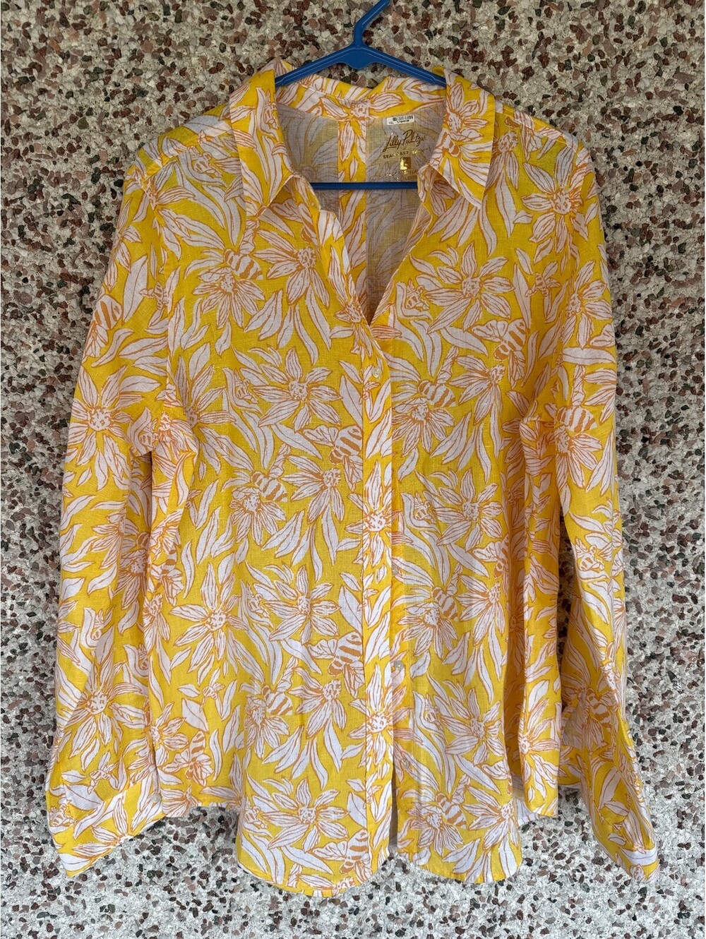Lilly Pulitzer Sea View Linen Button Down Shirt Yellow Bee Floral L